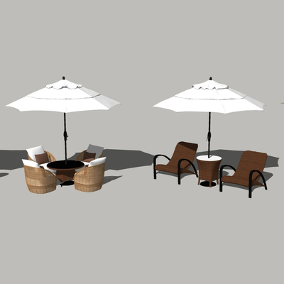  现代户外遮阳伞桌椅组合su模型 