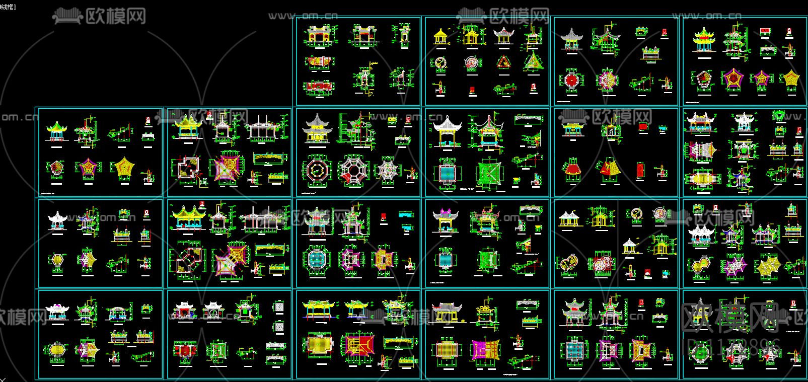 30种古代凉亭cad施工图下载（渲染图1）
