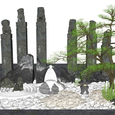 新中式狮雕假山松树小品su模型