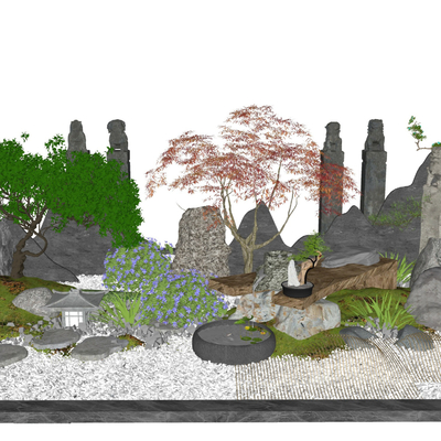 新中式狮雕假山水景松树小品su模型