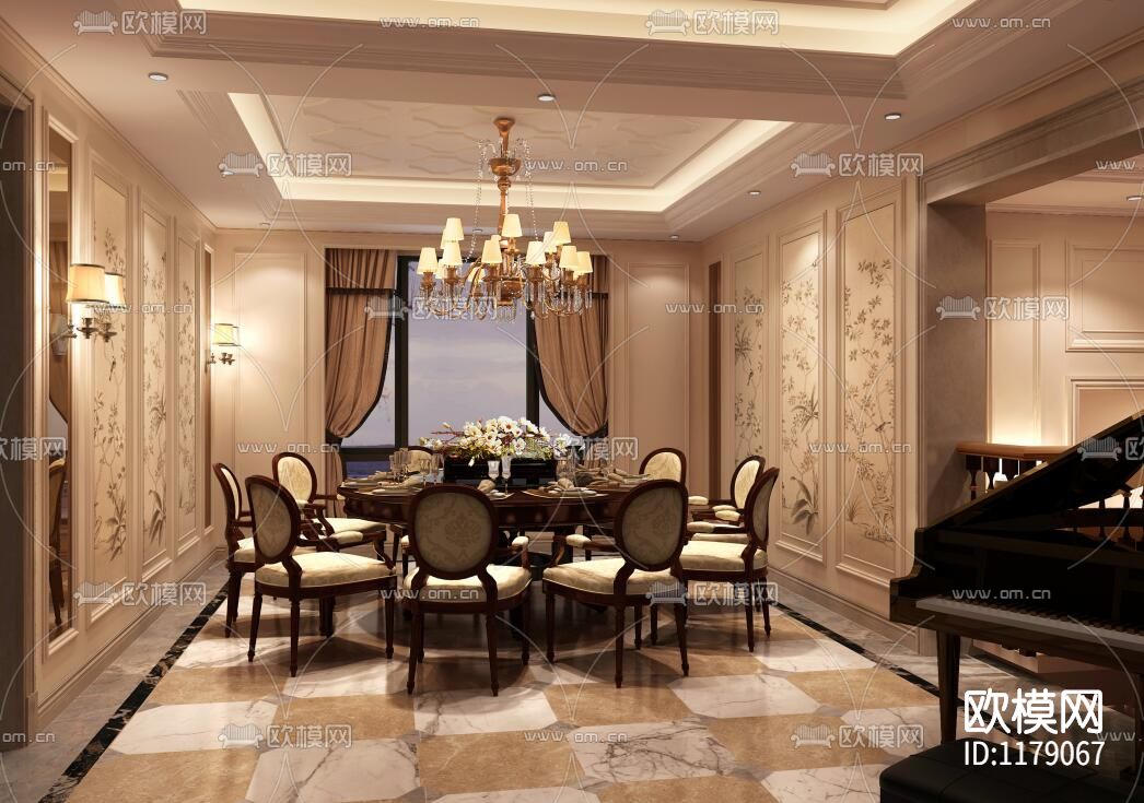 全套简欧别墅装修效果图+详细施工图下载（渲染图2）