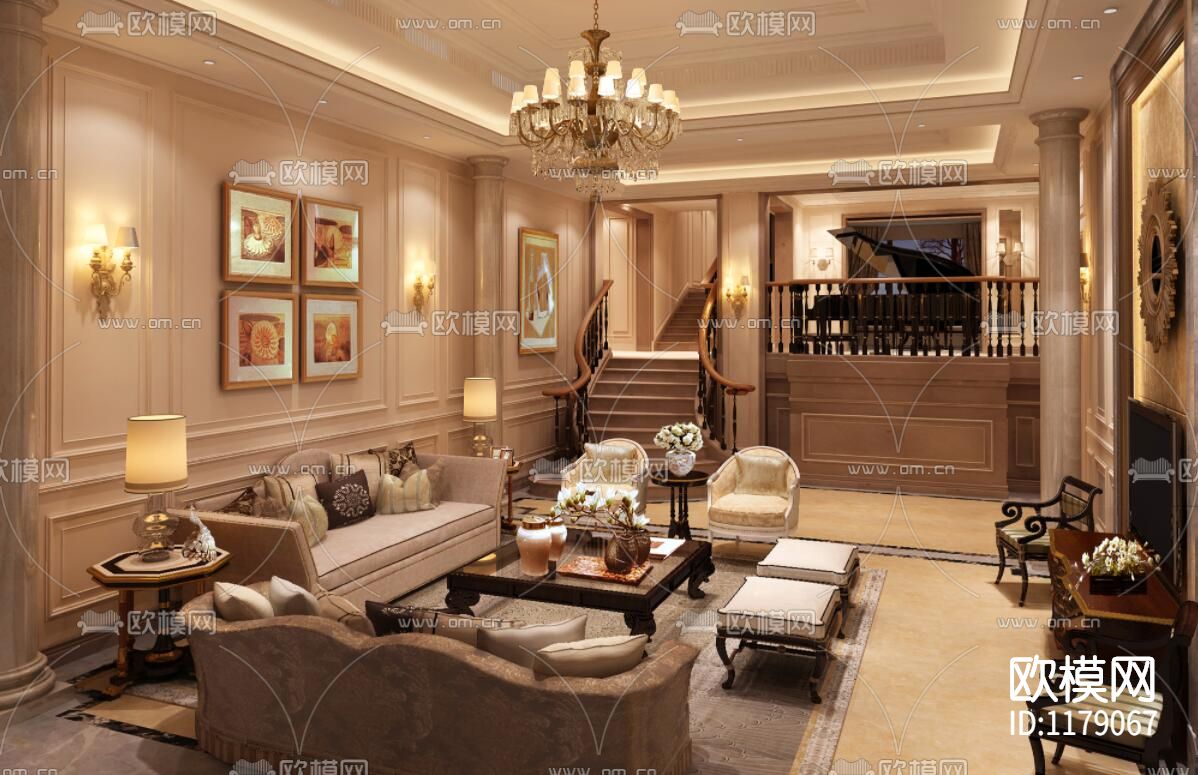 全套简欧别墅装修效果图+详细施工图下载（渲染图1）