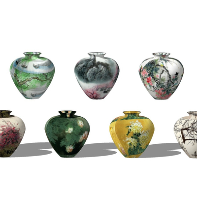  中式彩绘陶罐su模型 