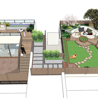  新中式别墅屋顶花园su模型 