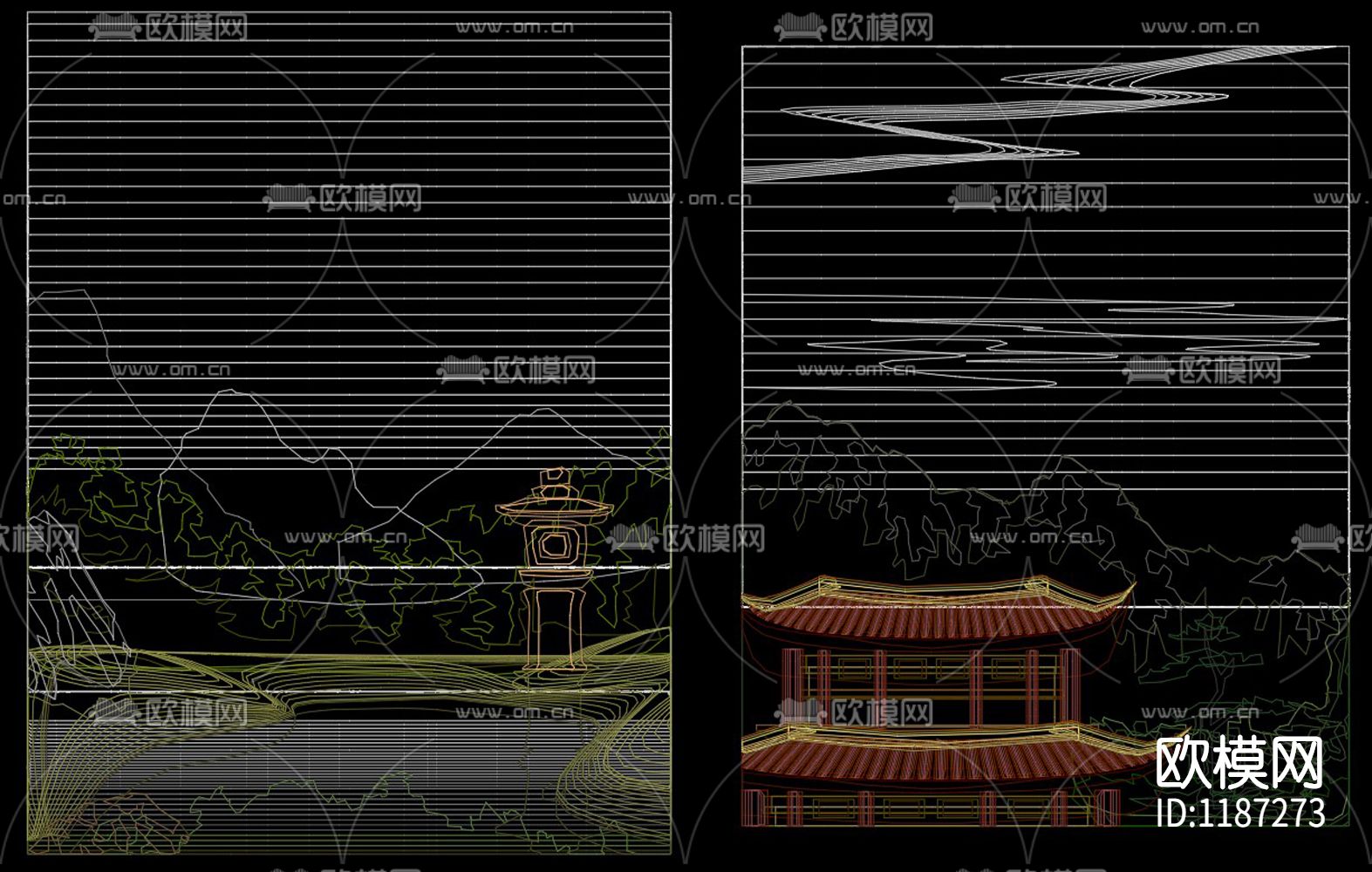 彩色山水画CAD图库下载（渲染图2）