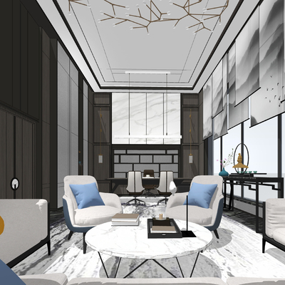  新中式董事长办公室su模型 