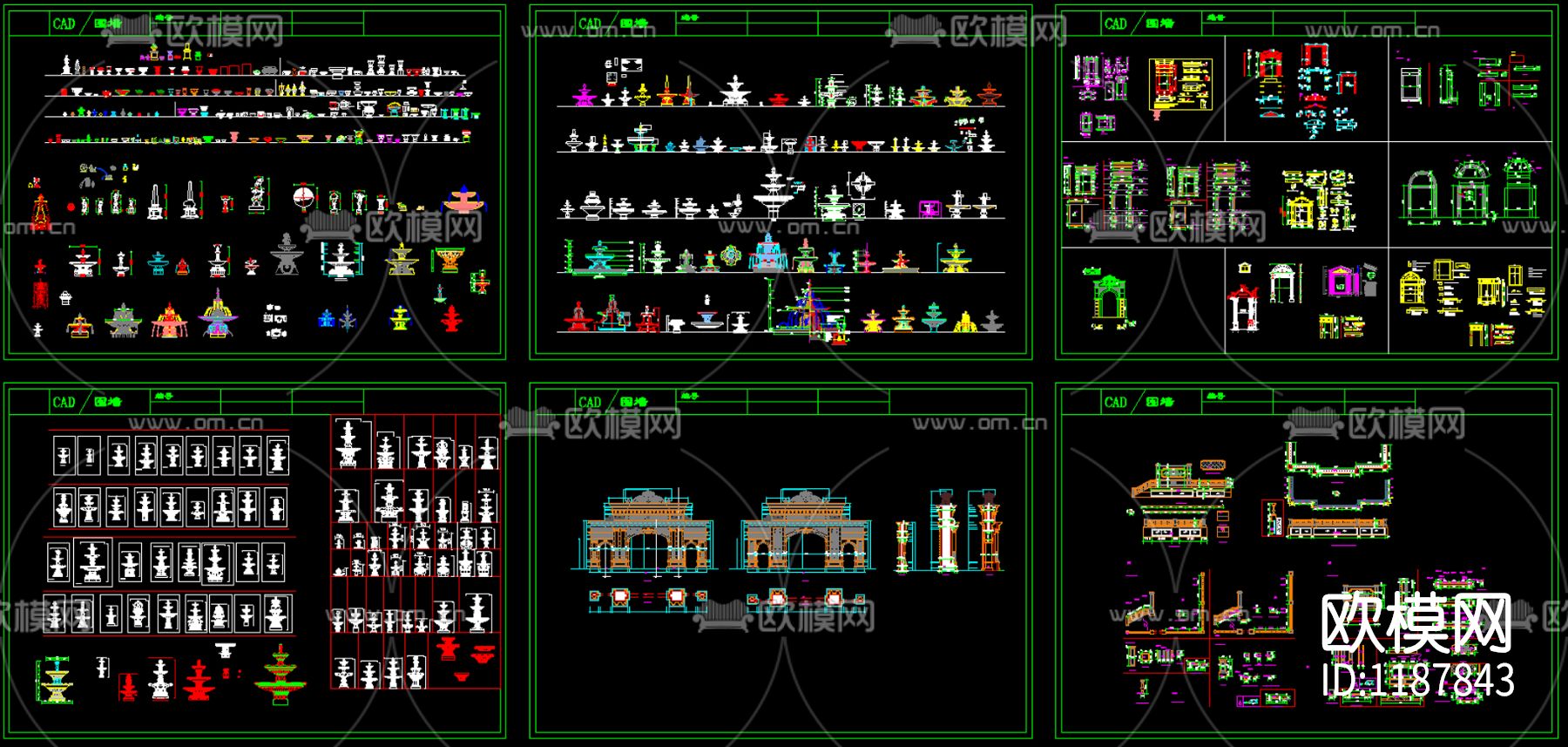 喷泉栏杆围墙大理石门头景观构件CAD图库下载（渲染图4）