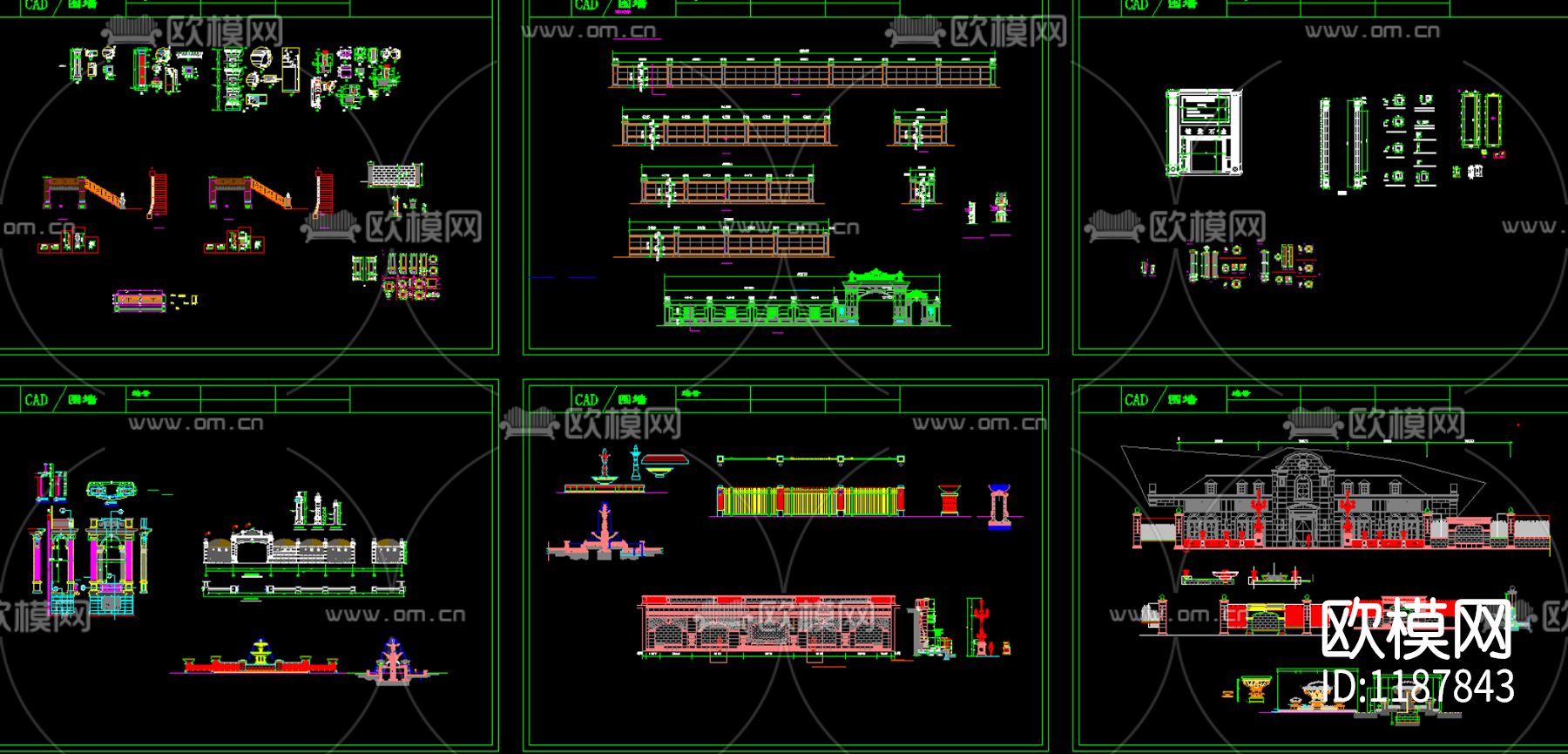 喷泉栏杆围墙大理石门头景观构件CAD图库下载（渲染图1）
