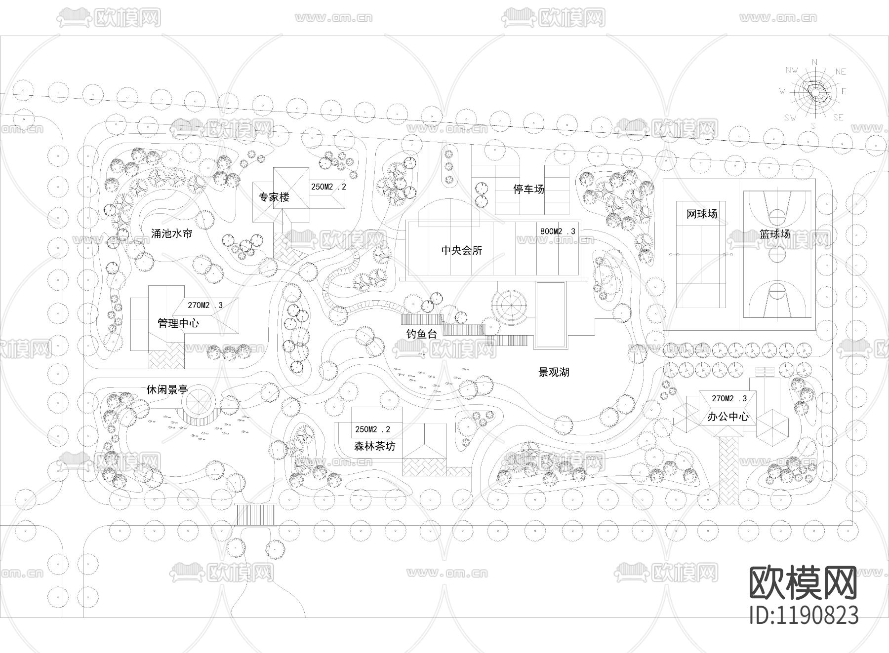 休闲中心景观规划cad施工图下载