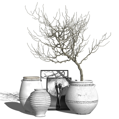  新中式枯枝陶罐摆件组合su模型 