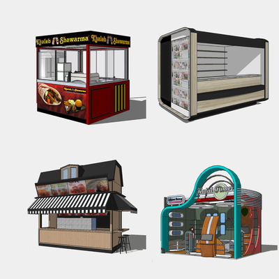  现代售卖亭小吃车su模型 