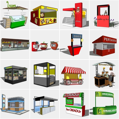  现代售卖亭小吃车su模型 