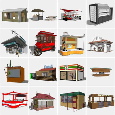  现代售卖亭小吃车su模型 