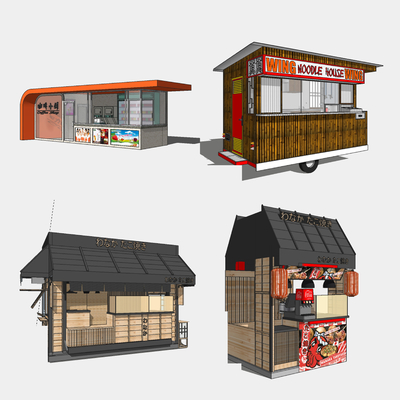  现代售卖亭小吃车su模型 