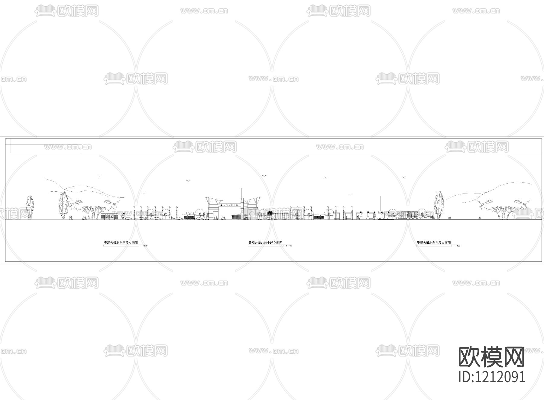 某小区东入口的景观大道的平立面图下载（渲染图1）
