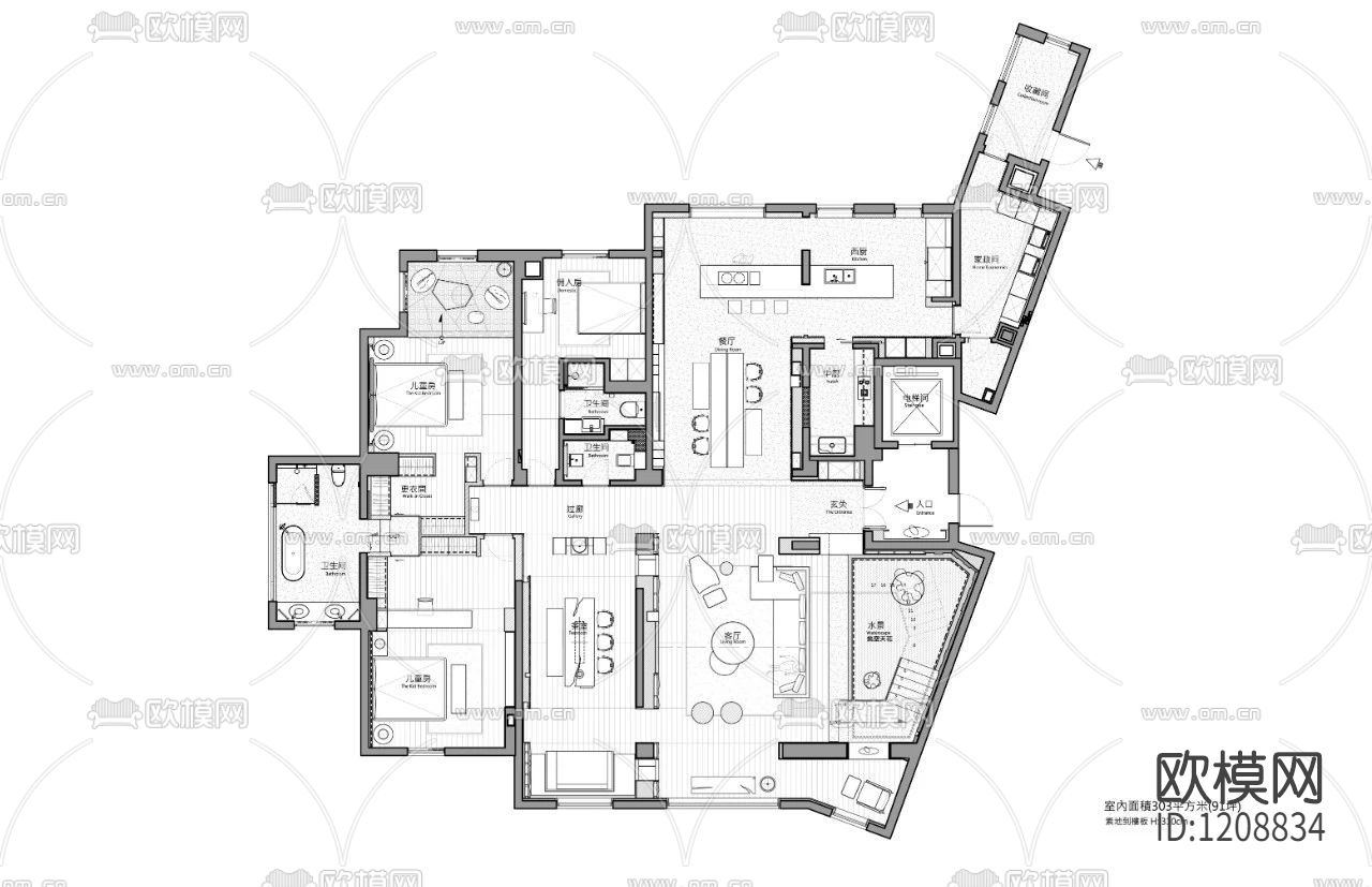 唐忠汉540㎡顶层复式下载（渲染图1）