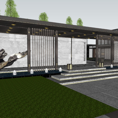 新中式住宅小区大门su模型