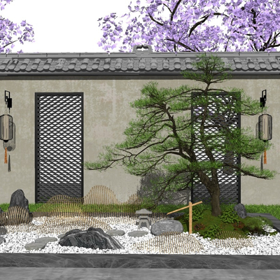 新中式庭院禅意枯山景观小品su模型