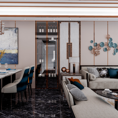  新中式客餐厅su模型 