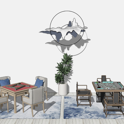 新中式麻将桌椅su模型