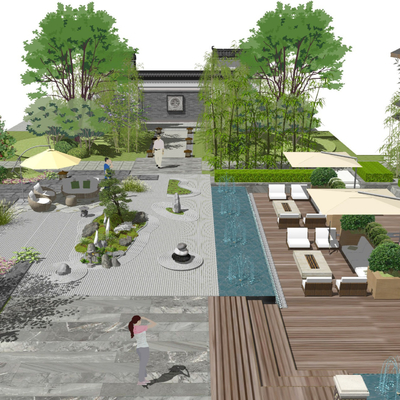 新中式庭院景观su模型