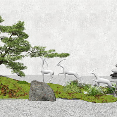 新中式松树鹿假石景观小品su模型