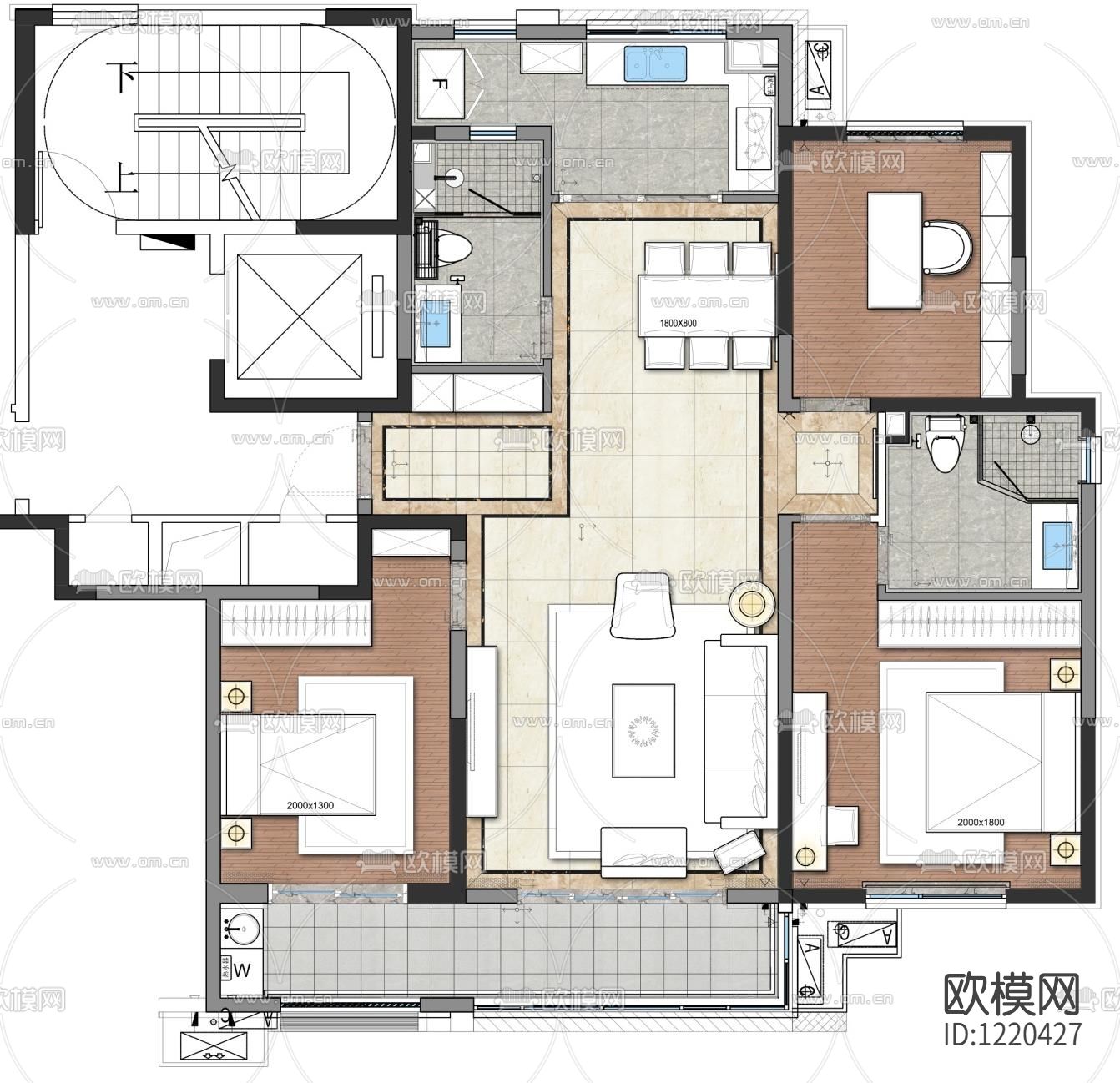 济南旭辉地产标准配置105B户型样板间下载（渲染图1）