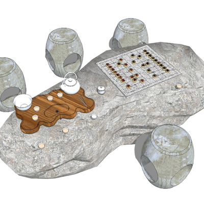 中式户外象棋石桌su模型