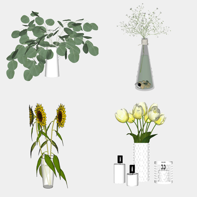  现代绿植花钵花架花瓶su模型 