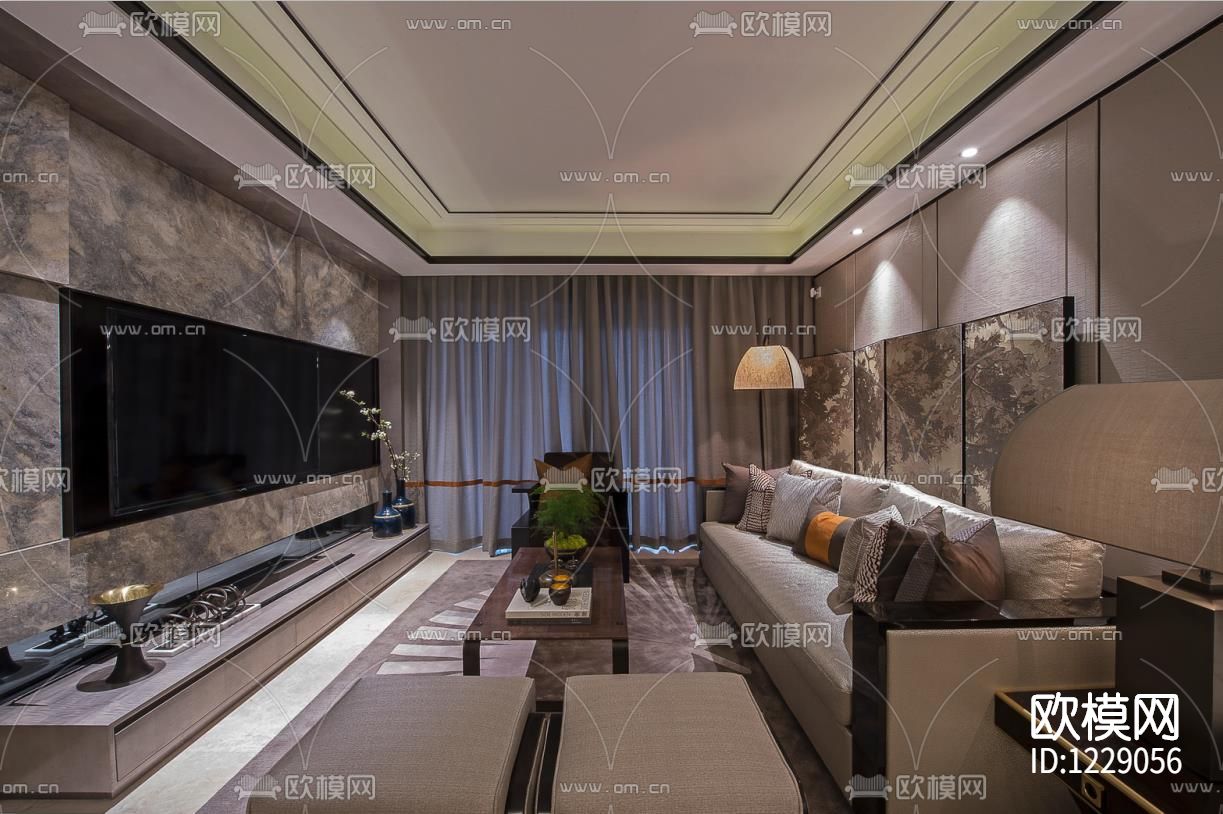 上海海珀黄浦61户型中式样板间施工图下载（渲染图1）