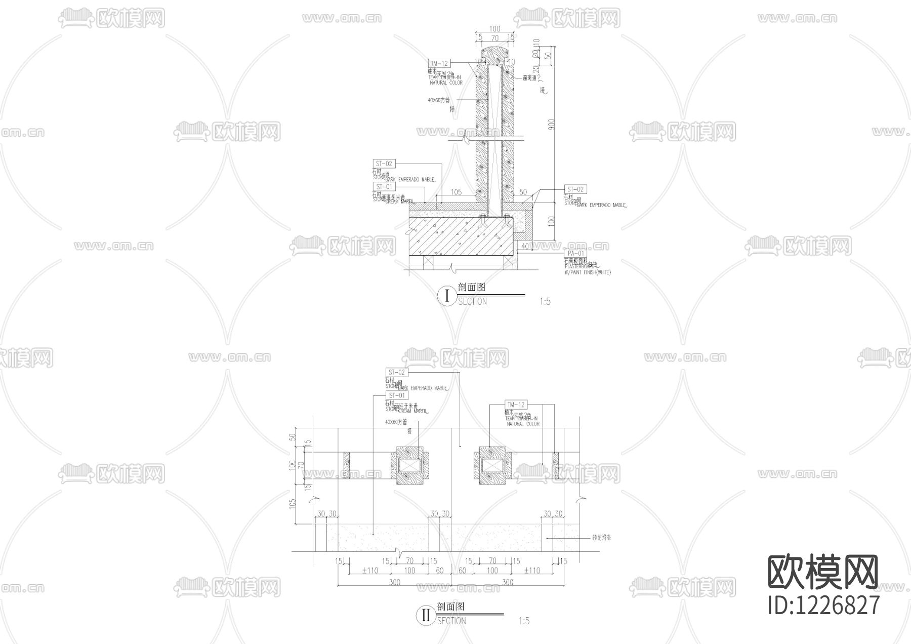 楼梯踏步玻璃扶手栏杆大样节点剖面图下载（渲染图1）