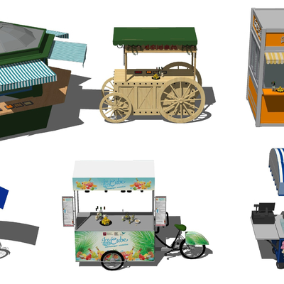  现代小摊移动快餐车售卖亭su模型 