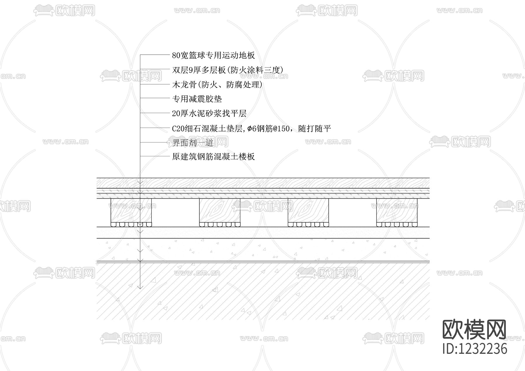 篮球专用运动地板剖面节点大样图下载