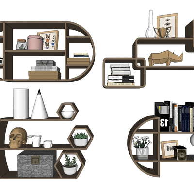  现代实木壁柜书架su模型 