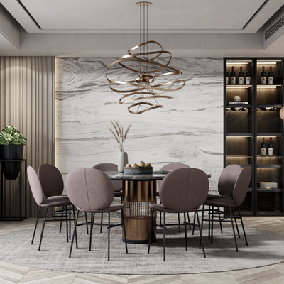 现代圆桌大理石餐桌椅su模型