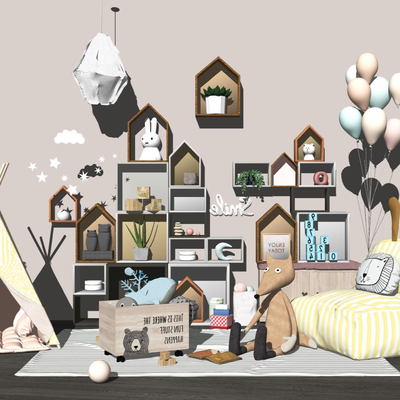  北欧实木儿童玩具柜su模型 