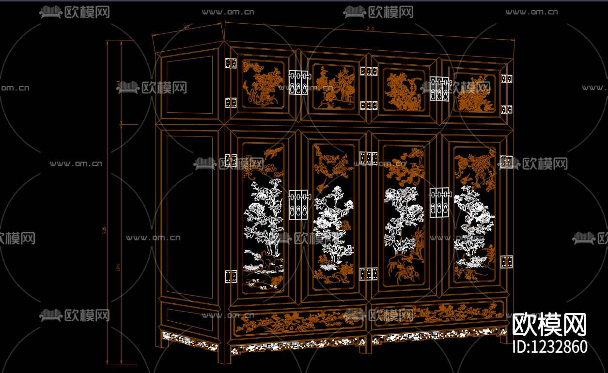 仿古代衣柜坐凳cad施工图下载（渲染图1）