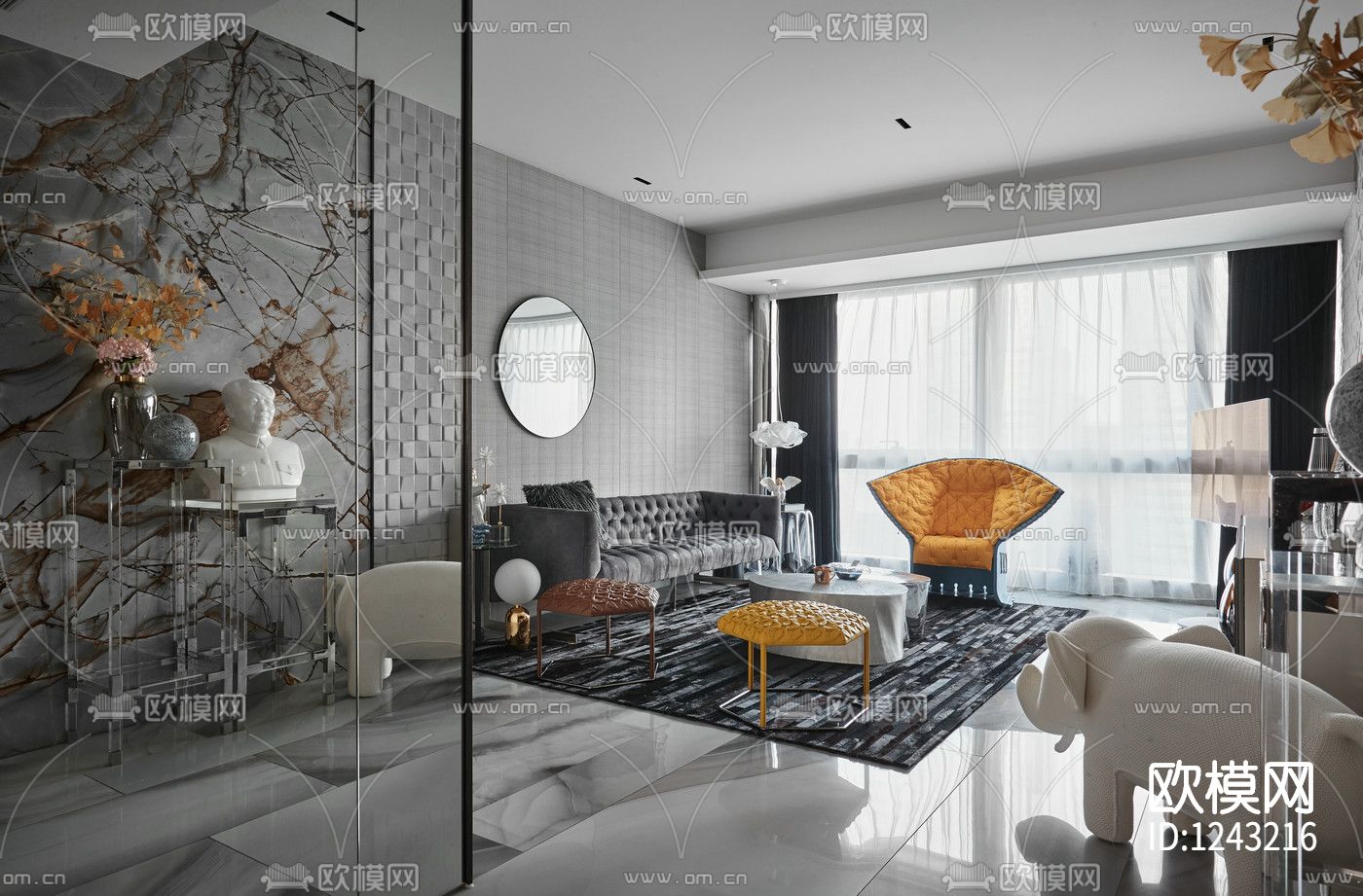 力设计现代样板房220m²CAD施工图+临摹3D模型下载（渲染图6）