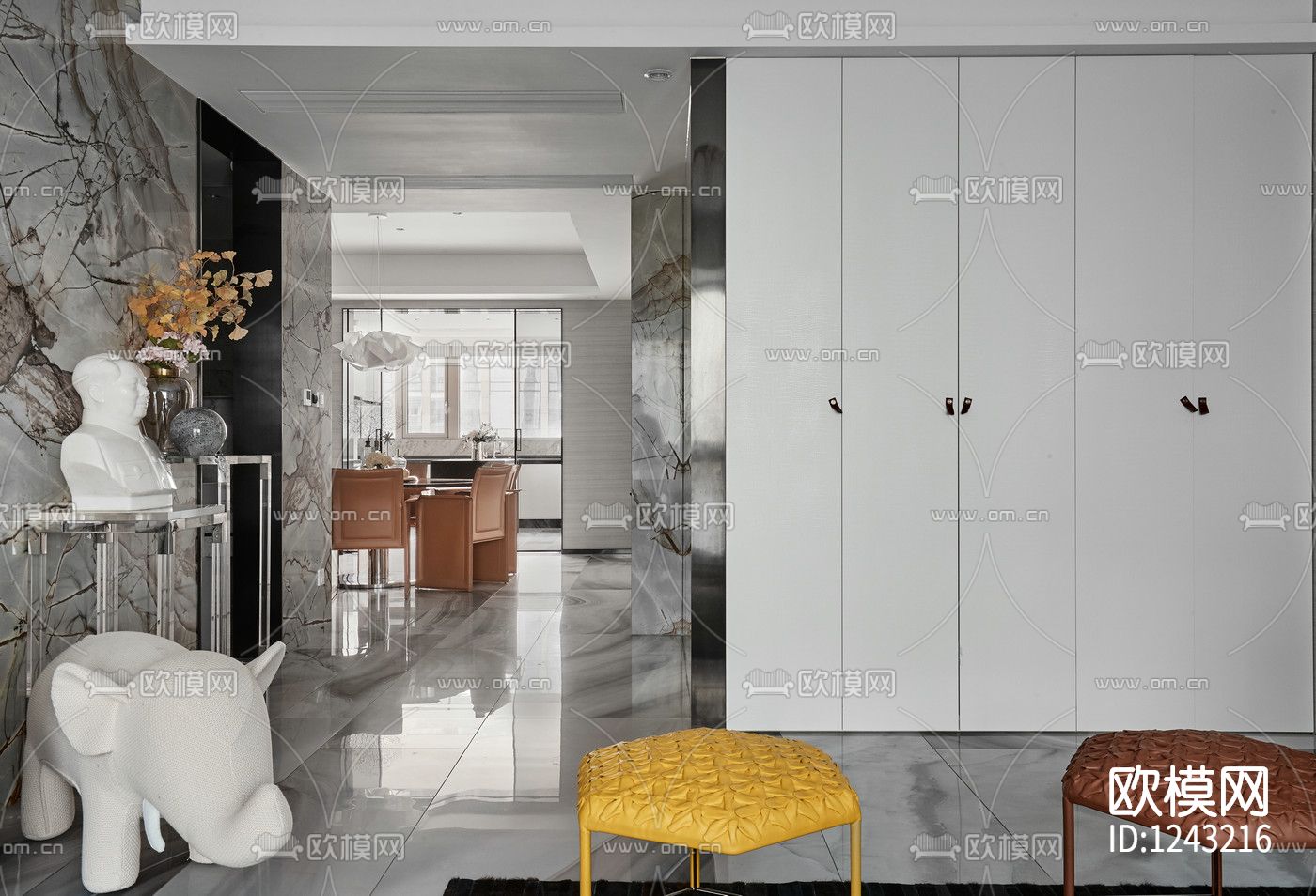 力设计现代样板房220m²CAD施工图+临摹3D模型下载（渲染图3）