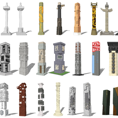 中式景观柱图腾柱su模型 