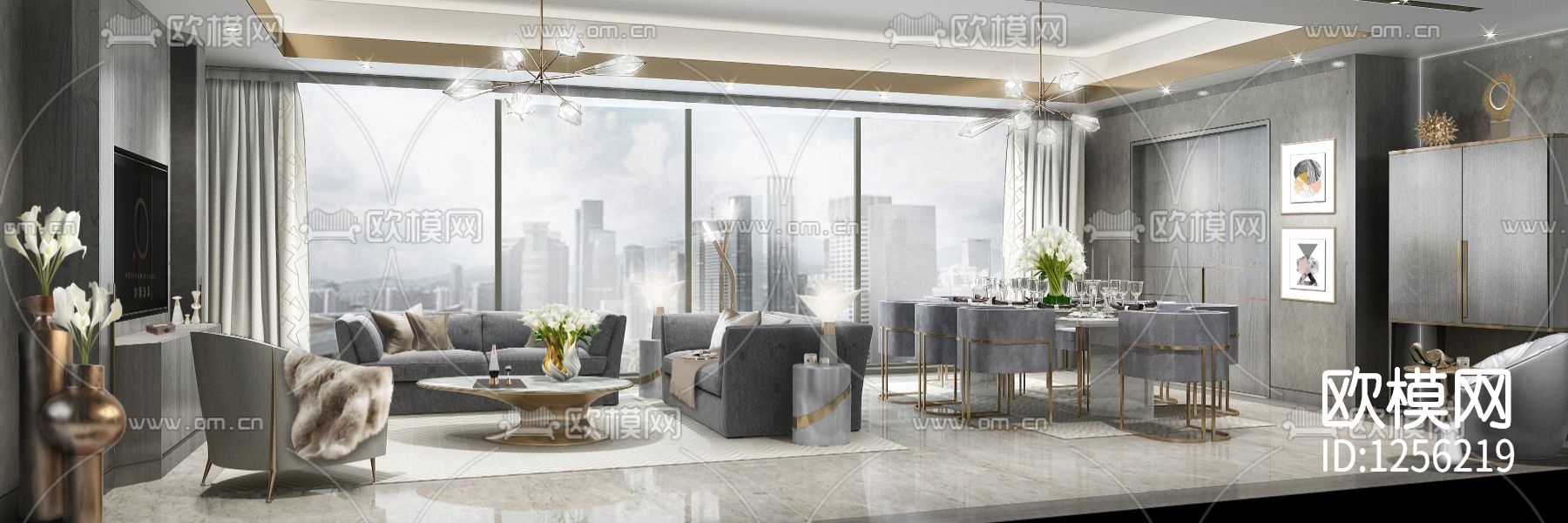 杭州188大平层样板间cad施工图下载（渲染图1）