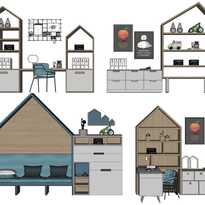  北欧多功能儿童衣柜su模型 