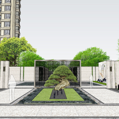 新中式住宅小区园林景观su模型