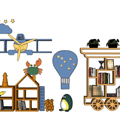  现代儿童书柜书架su模型 