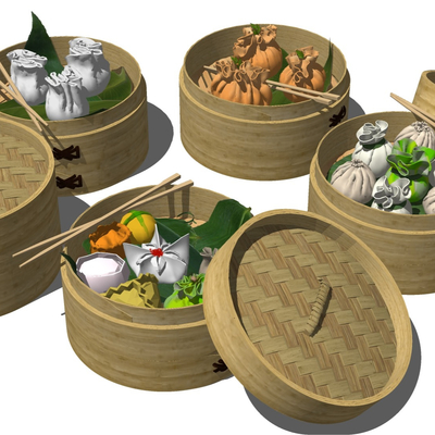  中式蒸屉小笼包子食物su模型 