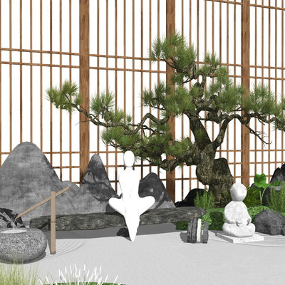 新中式假山佛像松树景观小品su模型