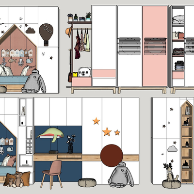  北欧多功能儿童衣柜su模型 