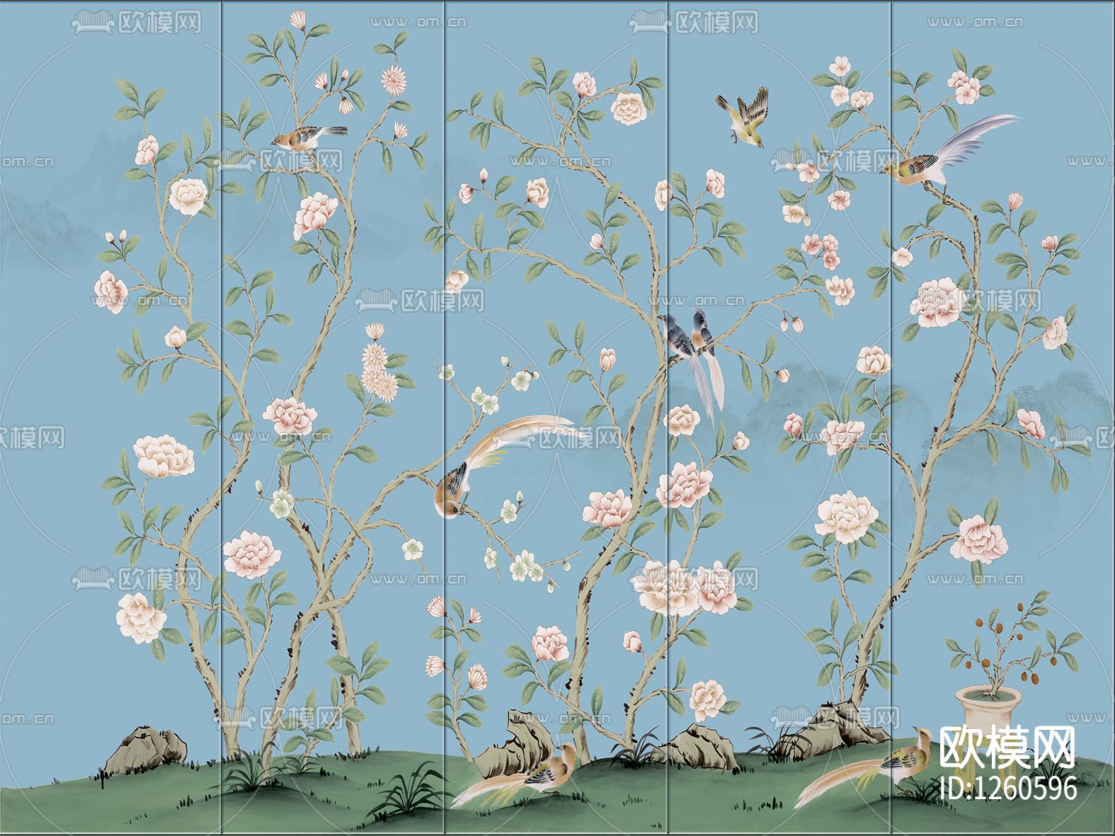 中式手绘花鸟壁画硬包