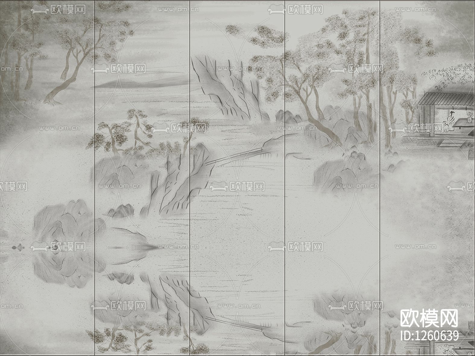 中式手绘花鸟壁画硬包下载（渲染图4）