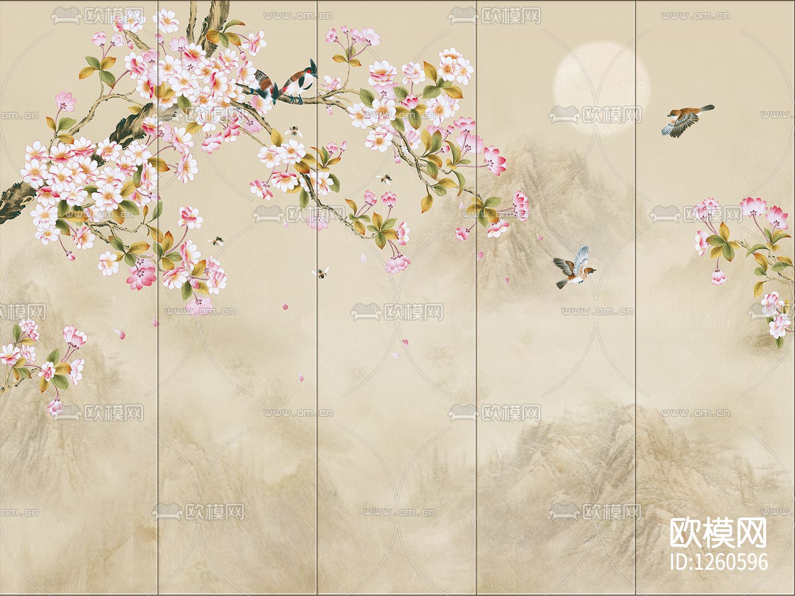 中式手绘花鸟壁画硬包